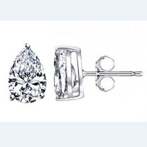 Real 14K Solid White Gold Pear Shaped Pushback Studs with White Stone 6x4mm